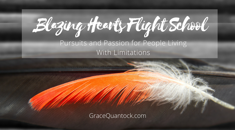 Blazing Hearts Flight School text over image of orange feather