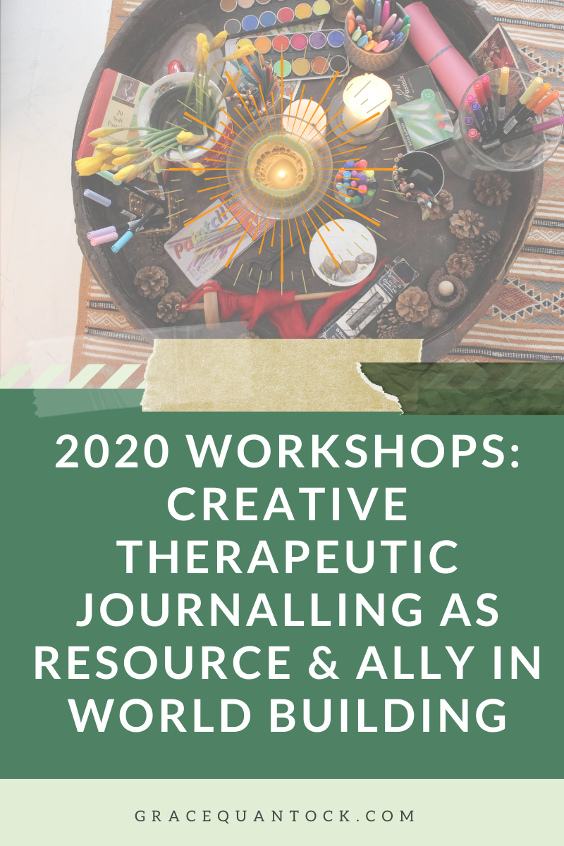 2020 Workshops: Creative Therapeutic Journalling As Resource & Ally in World Building Text under photo of round table with candle and journalling/art supplies scattered on it.
