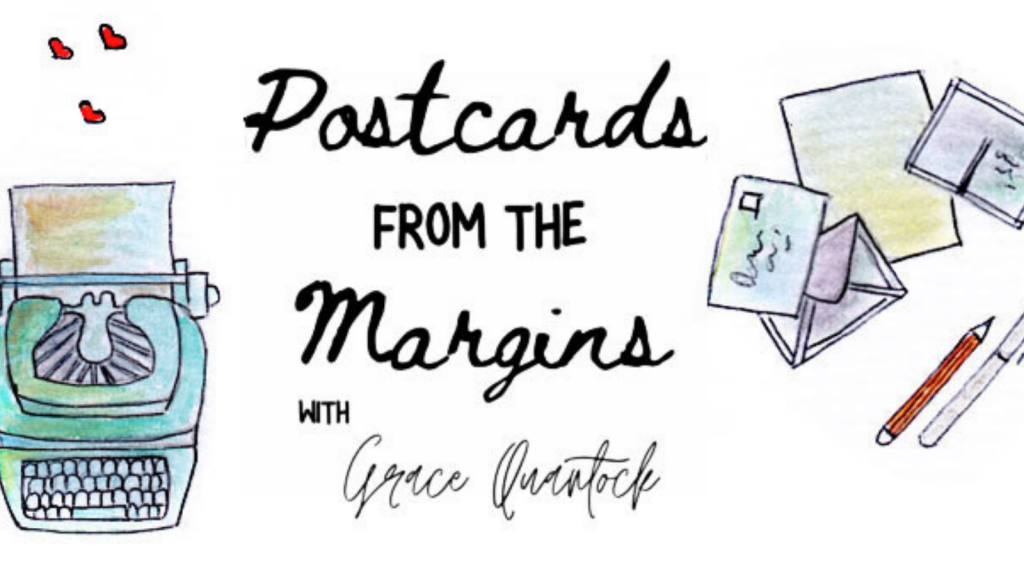 Postcards From The Margins text with watercolour ot typewriter, letters and pens