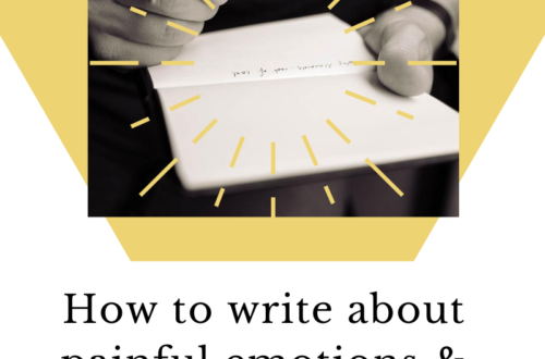 How to write about painful emotions or memories in a safe and effective way text over black white picture person writing. Over gold hexagon and gracequantock.com below