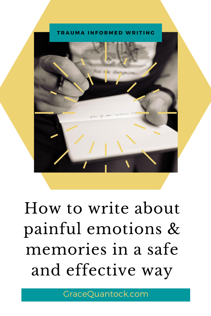 How to write about painful emotions or memories in a safe and effective way text over black white picture person writing. Over gold hexagon and gracequantock.com below