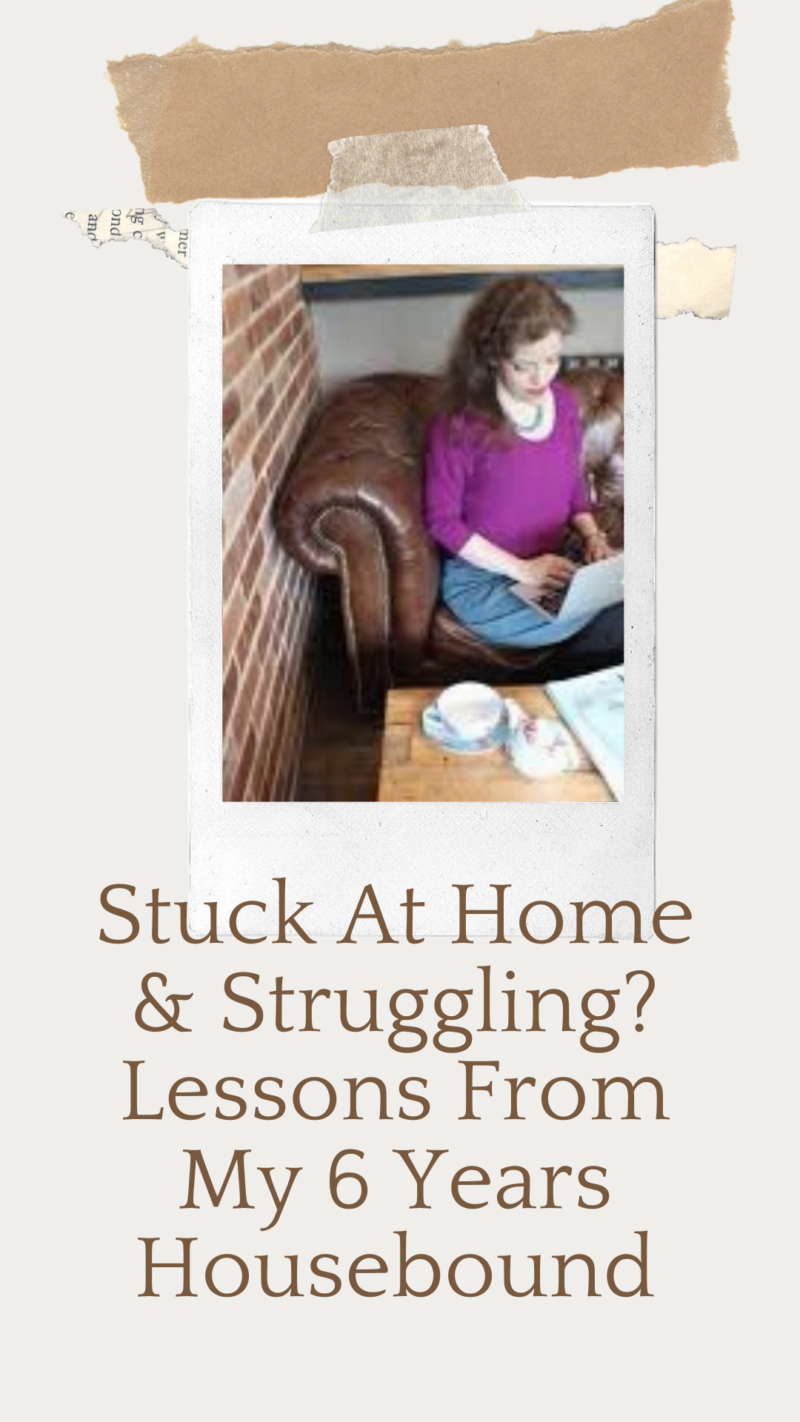 Grace sitting on a sofa with a typewriter. Text: Struggling at home? Lessons from my 6 years housebound
