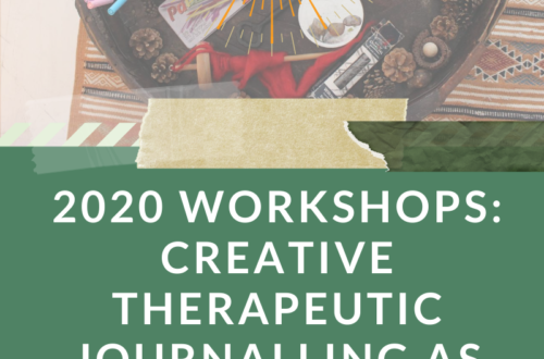 2020 Workshops: Creative Therapeutic Journalling As Resource & Ally in World Building Text under photo of round table with candle and journalling/art supplies scattered on it.