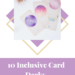 10 inclusive card decks for journalling and self reflection gracequantock.com white text on purple background. Photograph of oracle cards with pink/purple coloured circles on them over - picture layered over a purple and gold diamond graphic above the text.