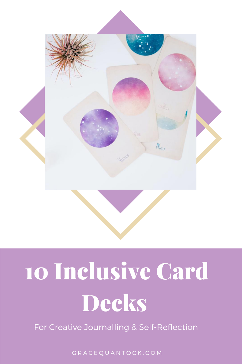10 inclusive card decks for journalling and self reflection gracequantock.com white text on purple background. Photograph of oracle cards with pink/purple coloured circles on them over - picture layered over a purple and gold diamond graphic above the text.