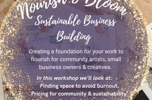 Nourish and Bloom: Sustainable Business Building Class - white text over a purple circle on a desk, gold glitter around the edge of the circle