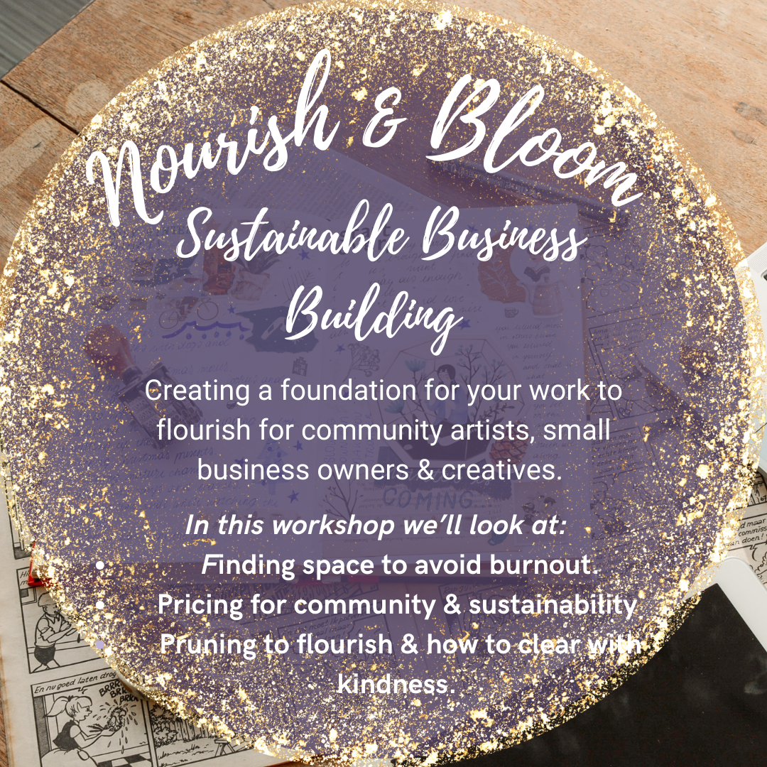 Nourish and Bloom: Sustainable Business Building Class - white text over a purple circle on a desk, gold glitter around the edge of the circle