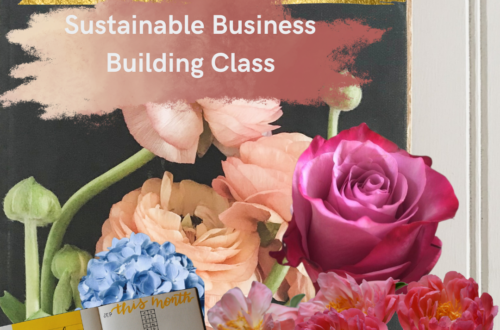 Nourish and bloom sustainable business building classes text on image of flowers, collage, diary, pens and a blackboard behind.