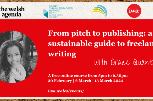 Red banner with black and white photo of Grace saying From pitch to publishing: a sustainable guide to freelance writing with Grace Quantock