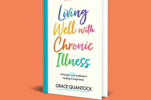 Image Description: Image of Grace's book on an orange background. The book has a pale yellow cover, with a quote: "There's great power and beauty in Grace's writing & in her" - Cathy Rentzenbrink. Title: Living Well with Chronic Illness. Write your own roadmap to healing in tough times. Grace Quantock. The title is in rainbow script, the words "your own" are circled in teal and Grace's name is underlined in teal. The spine is teal.